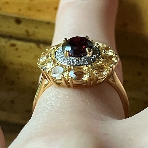 Rhodolite Garnet Citrine Sterling Silver Double Halo Ring Size 6 - Picture 2 of 8